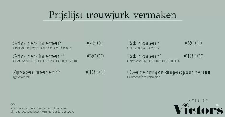 prijslijt trouwjurk vermaken