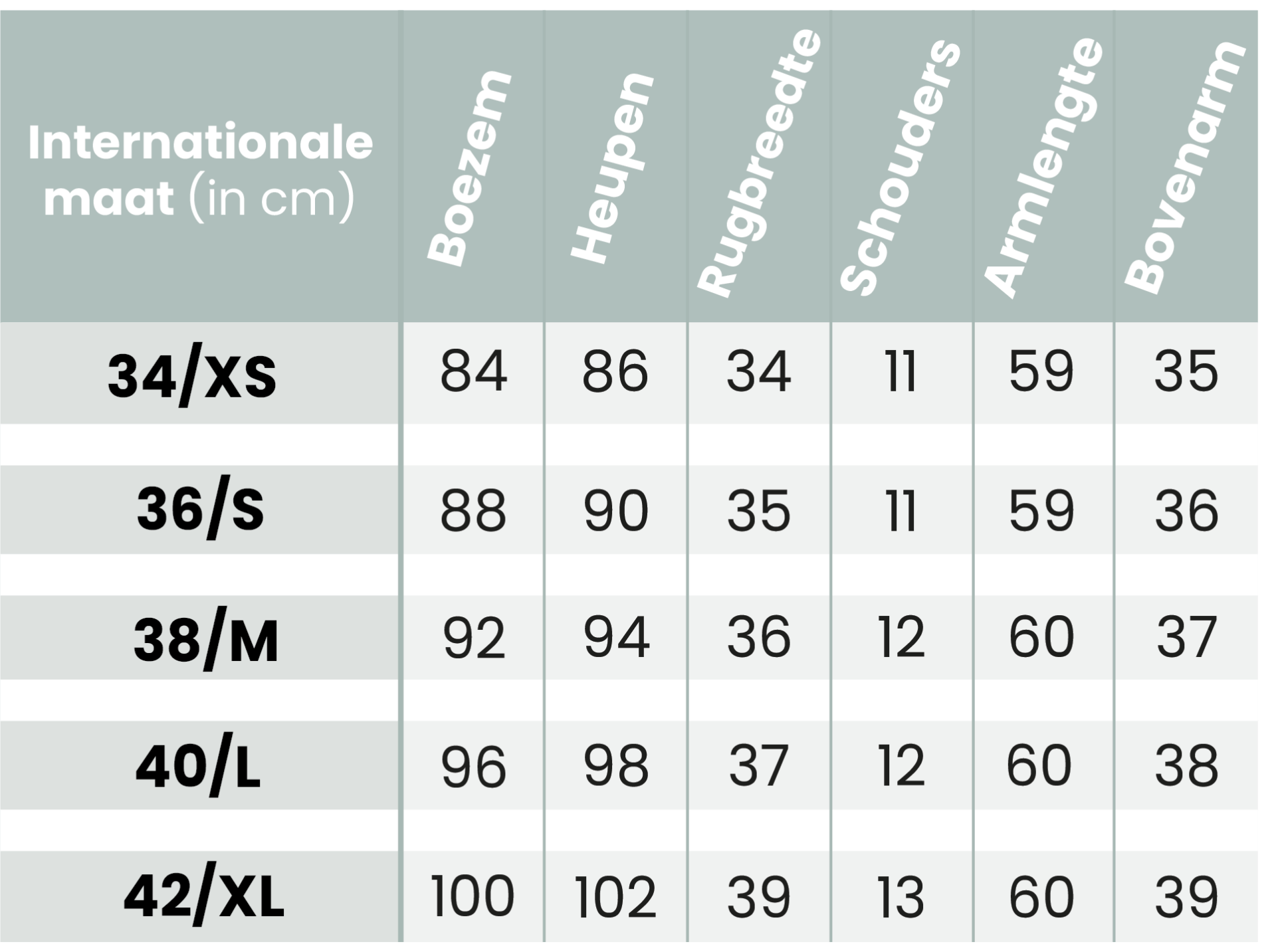 Maattabel Bolero's Kunstbont Bianco Evento 