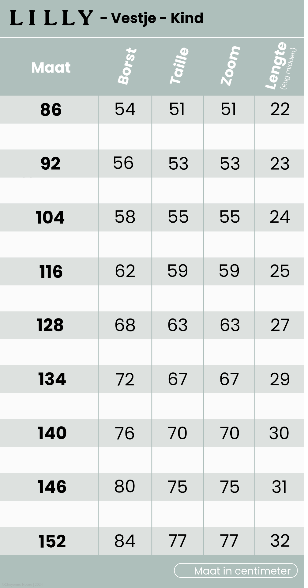 Lilly vestje (kind) maattabel